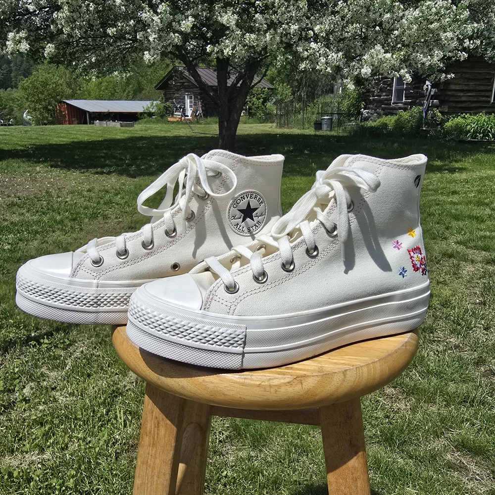 Converse Women's High-Top Sneakers - White With Embroidered Details, Size 8.5